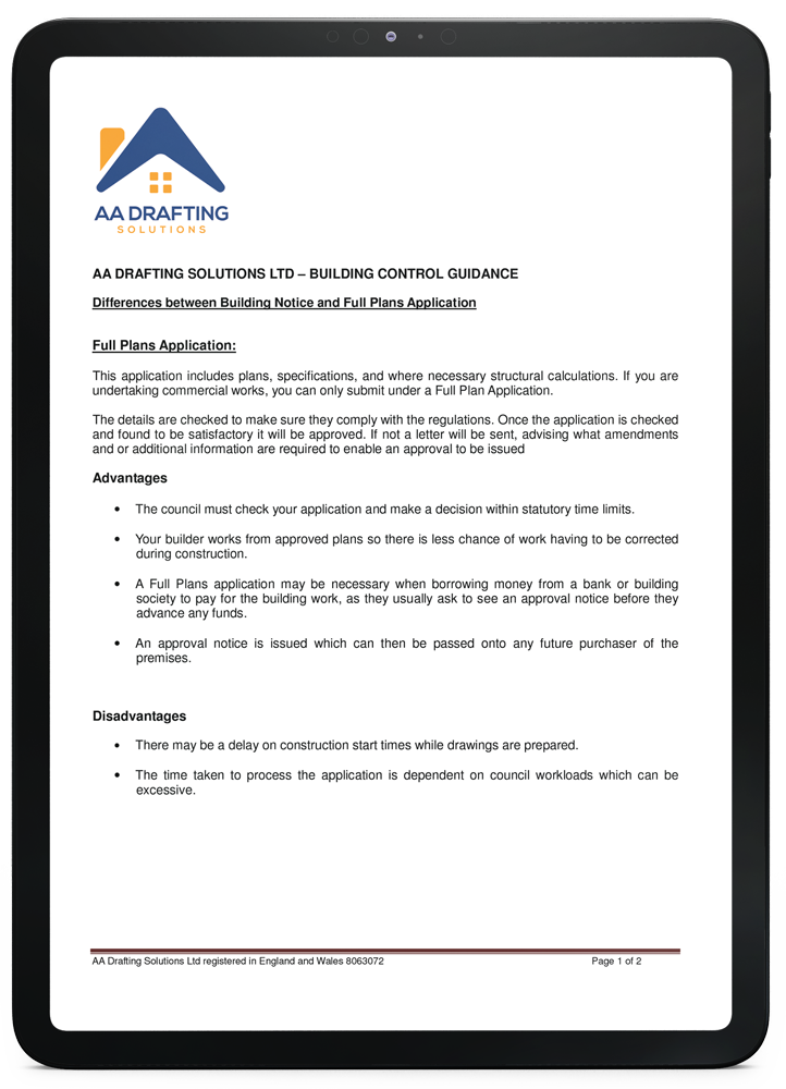 AA Drafting Solutions document explaining building control guidance, outlining differences between building notice and full plans applications for construction projects.
