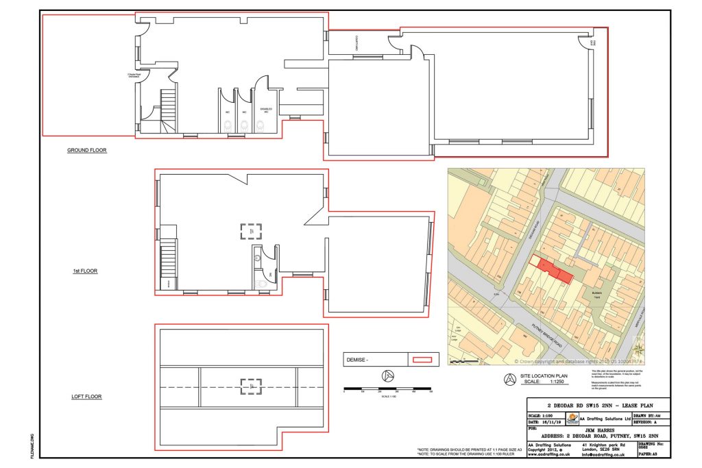 Detailed architectural lease plan showing ground, first, and loft floor layouts with site location map professionally prepared by AA Drafting.