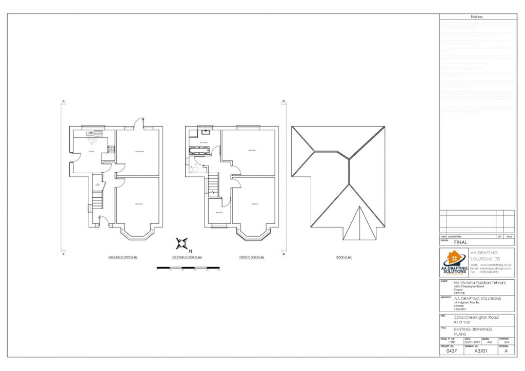 Architectural drawing displaying existing ground, first floor, and roof plans for a residential property prepared by AA Drafting Solutions.